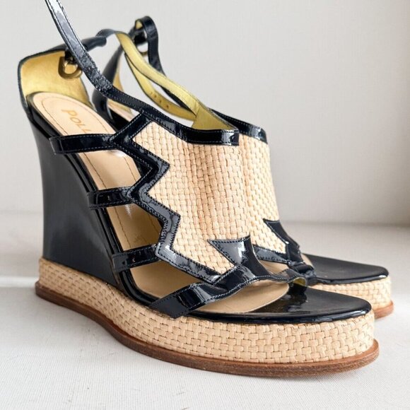 Pollini Raffia Patent Leather Navy Blue Wedge Summer Heels 40 - Picture 1 of 8